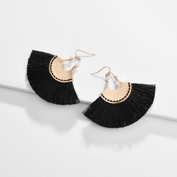 Vintage Gold Black Fan Tassel Drop Earrings - Picture 2 of 3